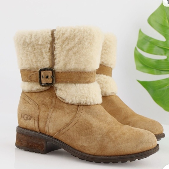 Ugg Womens Blayre Boot Chestnut Suede Block Moto Sherpa Heel Lug Bootie Size 8 - Picture 2 of 6